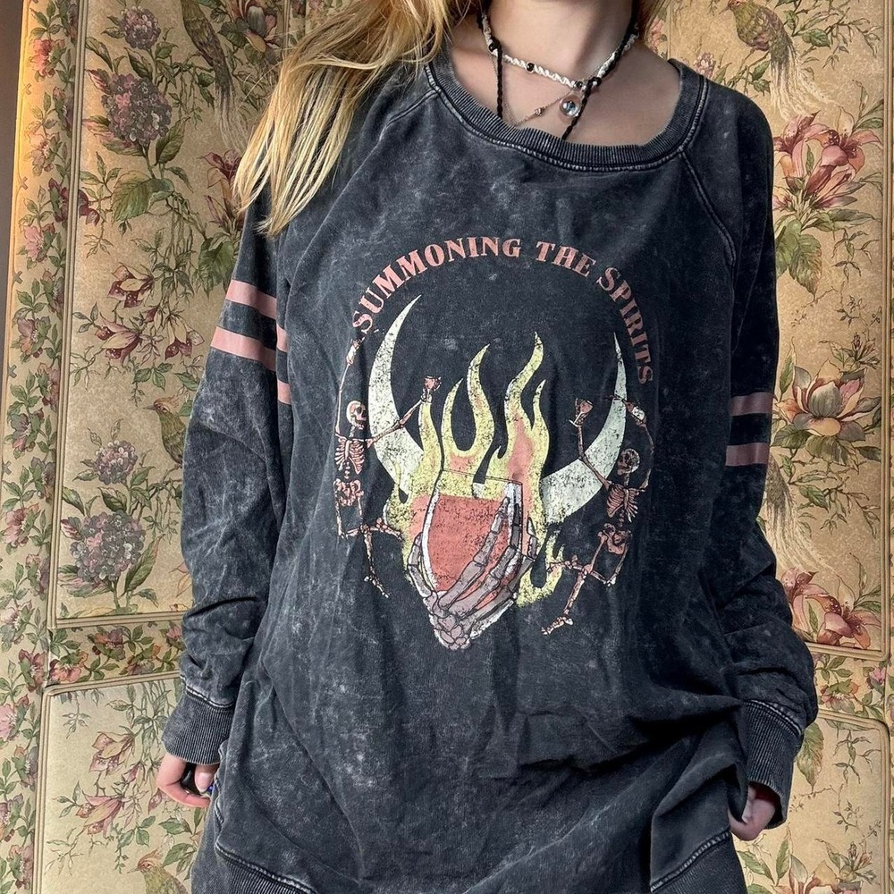 Love Sick Summoning The Spirits Graphic Long Sleeve Distressed Black Grey Shirt